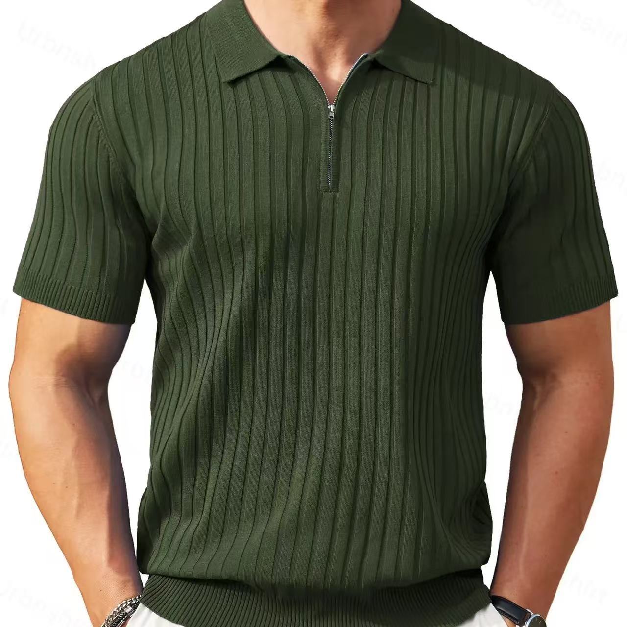 Men's Zippered Short-Sleeve Ribbed Knit Polo Shirt (Spring/Summer)