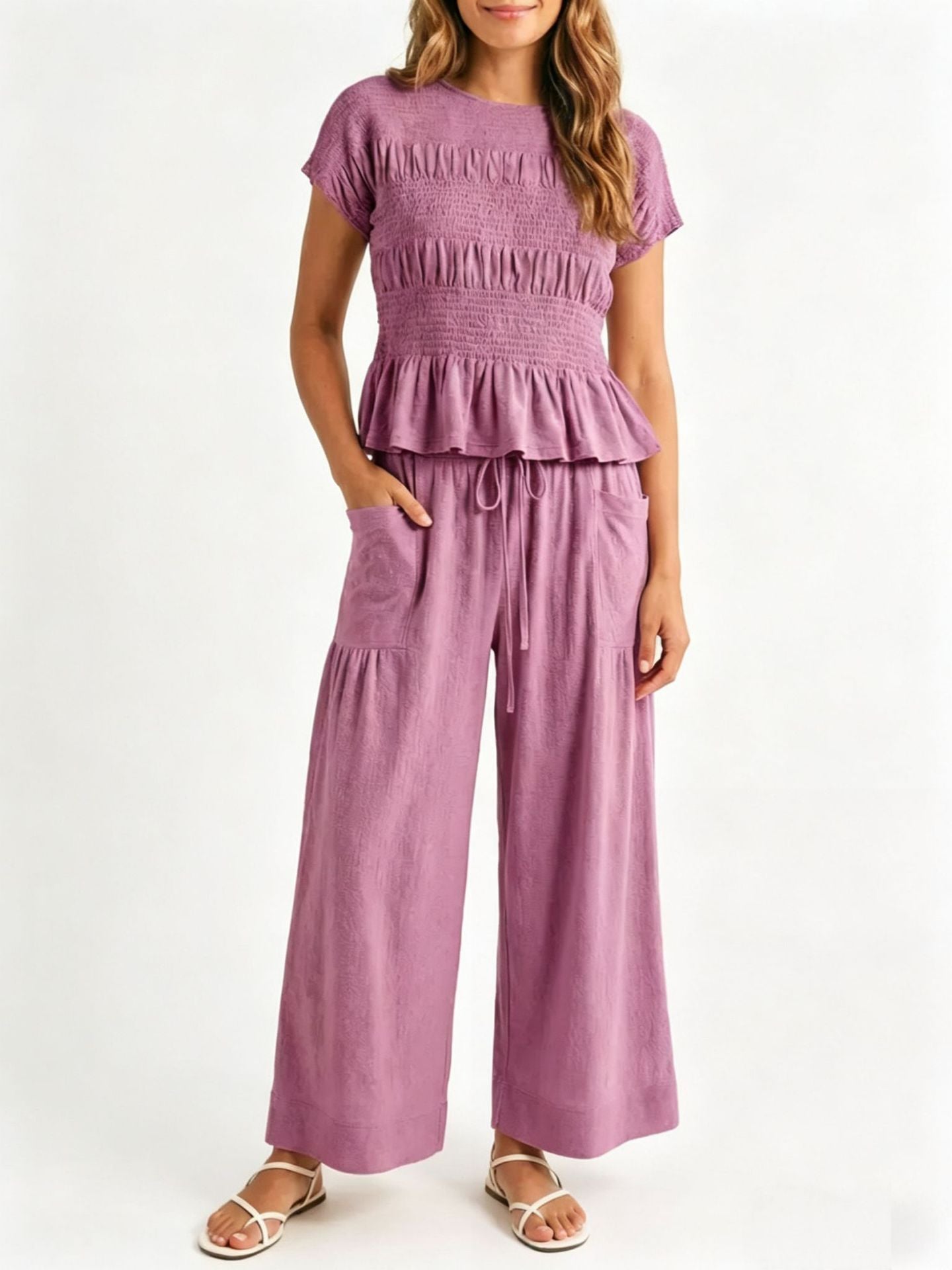Stretch Pleated T-shirt and High-Waisted Wide-Leg Pants Casual Two-Piece Set