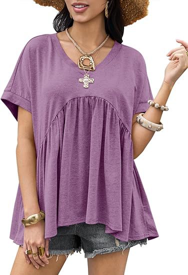 Summer short-sleeved V-neck casual loose pleated shirt