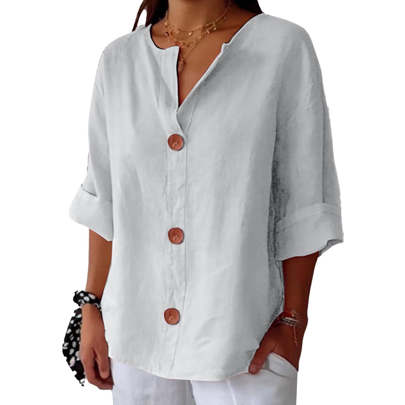 New loose-fitting V-neck cotton linen button-down top