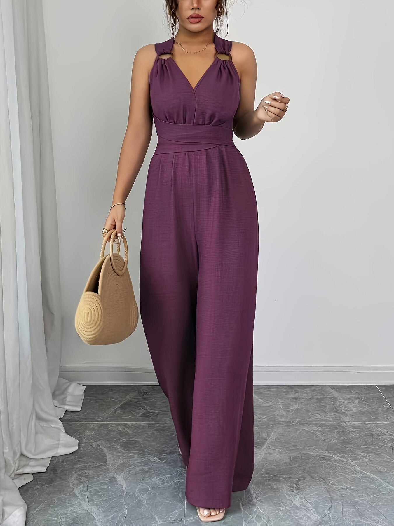 Fashionable and sexy V-neck backless crossover waist wide-leg jumpsuit