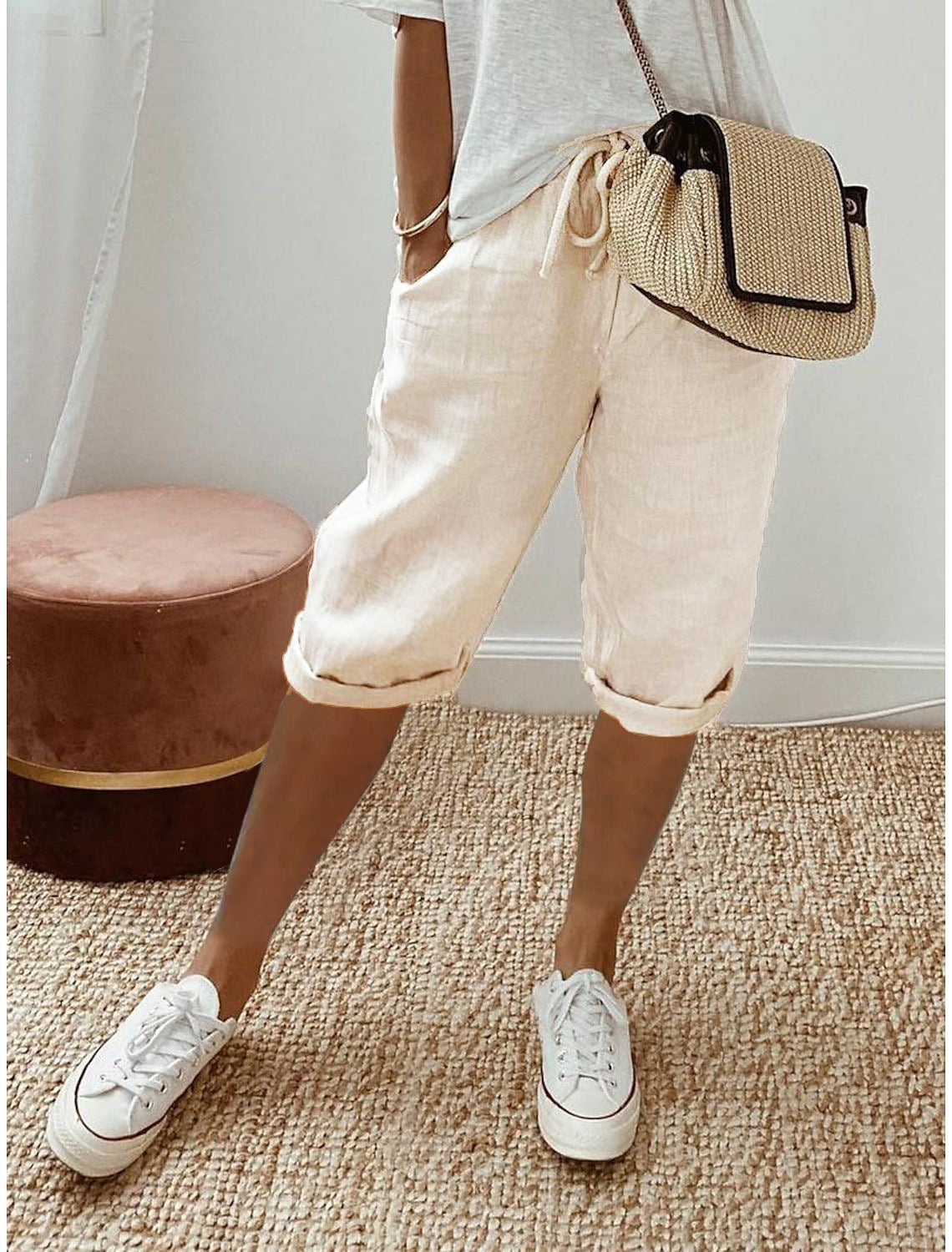 Women's cotton and linen pocket elastic waist casual five-point pants