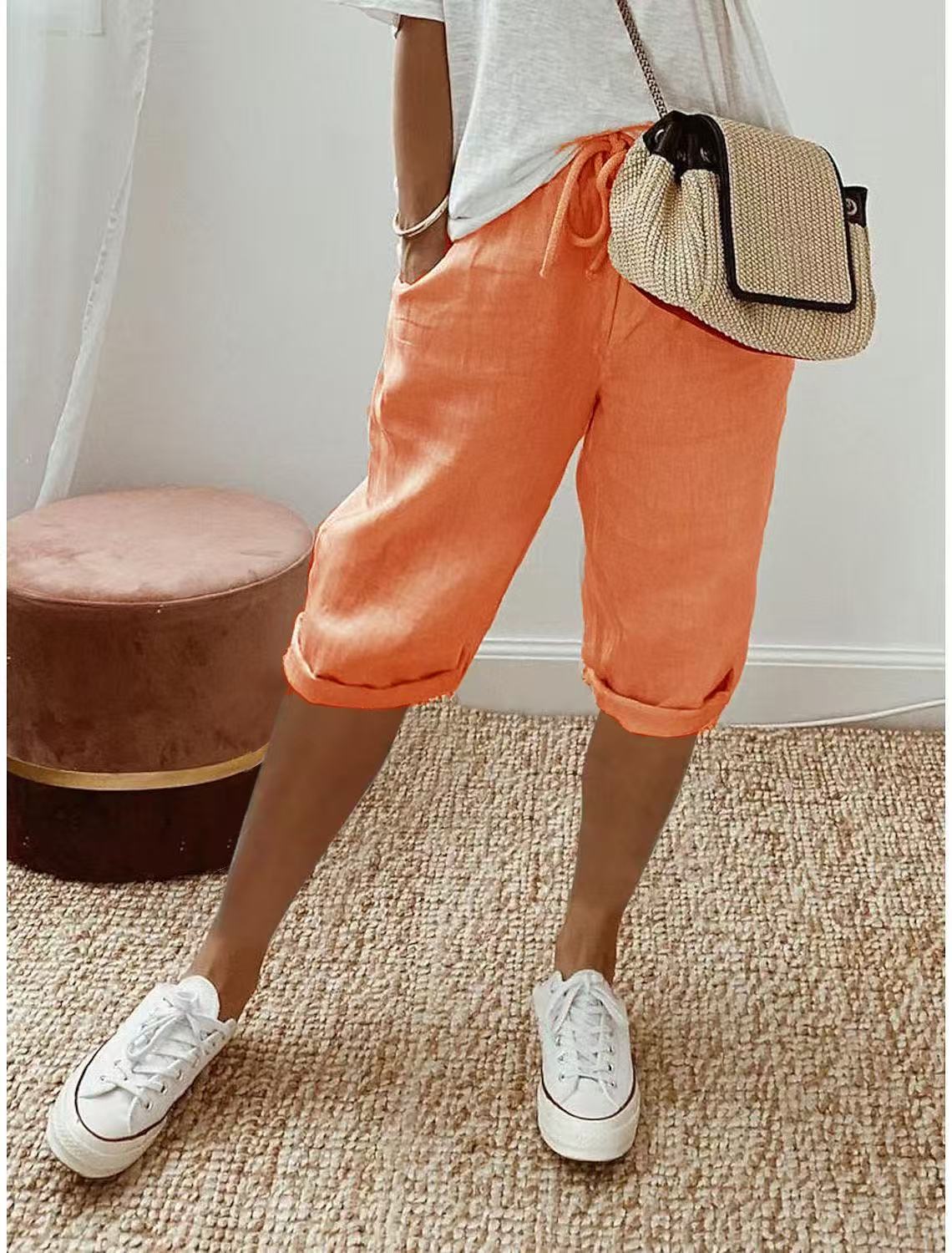 Women's cotton and linen pocket elastic waist casual five-point pants