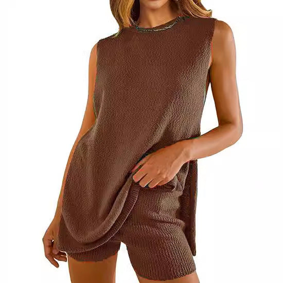 Solid color knitted loose sleeveless set