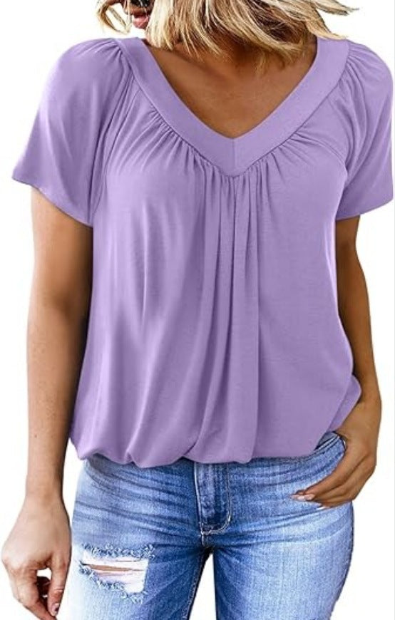 V-neck raglan sleeve pleated casual everyday lounge T-shirt