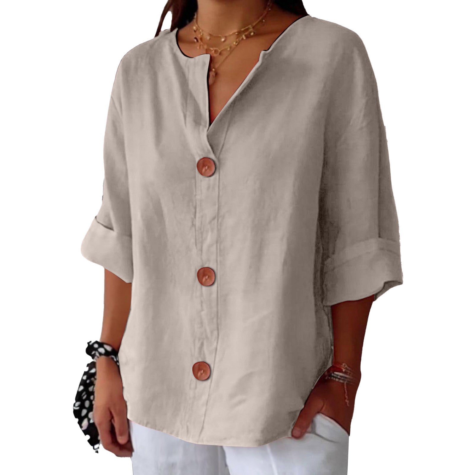 New loose-fitting V-neck cotton linen button-down top