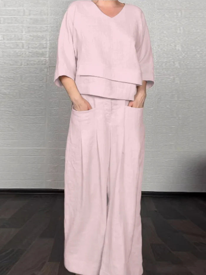 Solid color round neck long-sleeved casual top and straight leg pants two-piece set