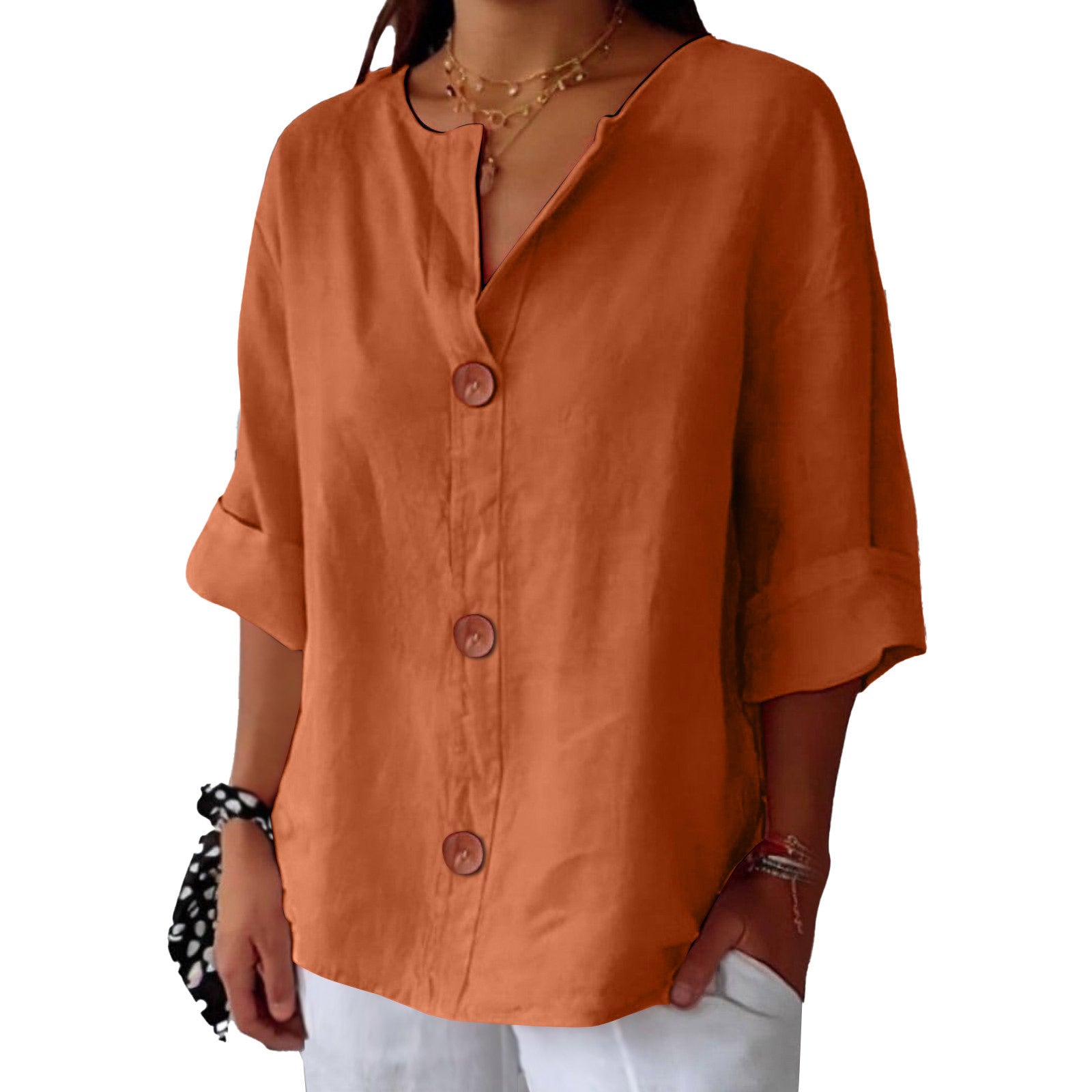 New loose-fitting V-neck cotton linen button-down top