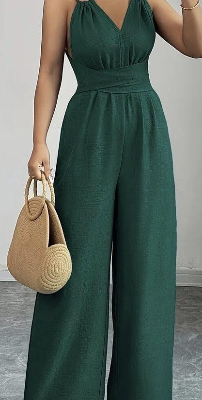 Fashionable and sexy V-neck backless crossover waist wide-leg jumpsuit