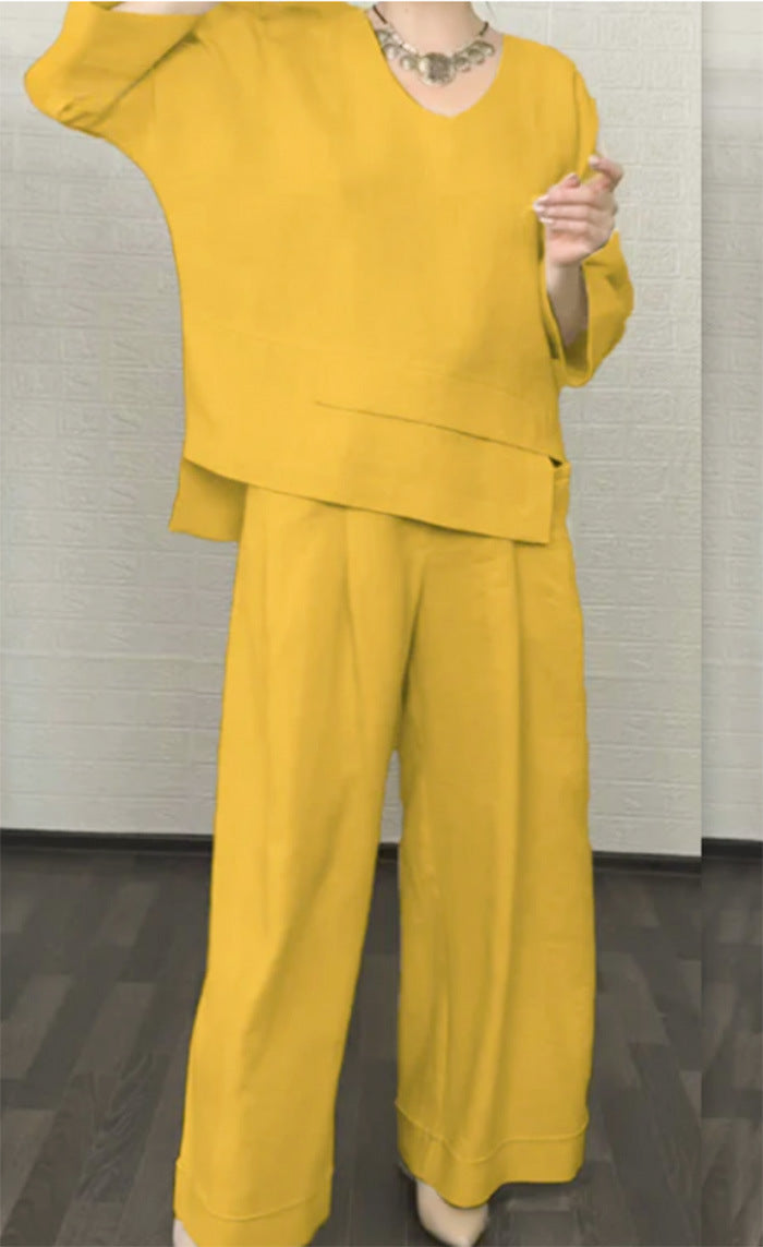 Solid color round neck long-sleeved casual top and straight leg pants two-piece set