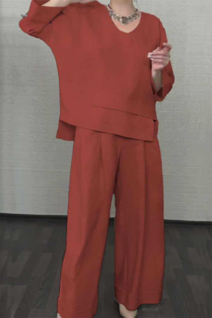 Solid color round neck long-sleeved casual top and straight leg pants two-piece set