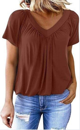 V-neck raglan sleeve pleated casual everyday lounge T-shirt