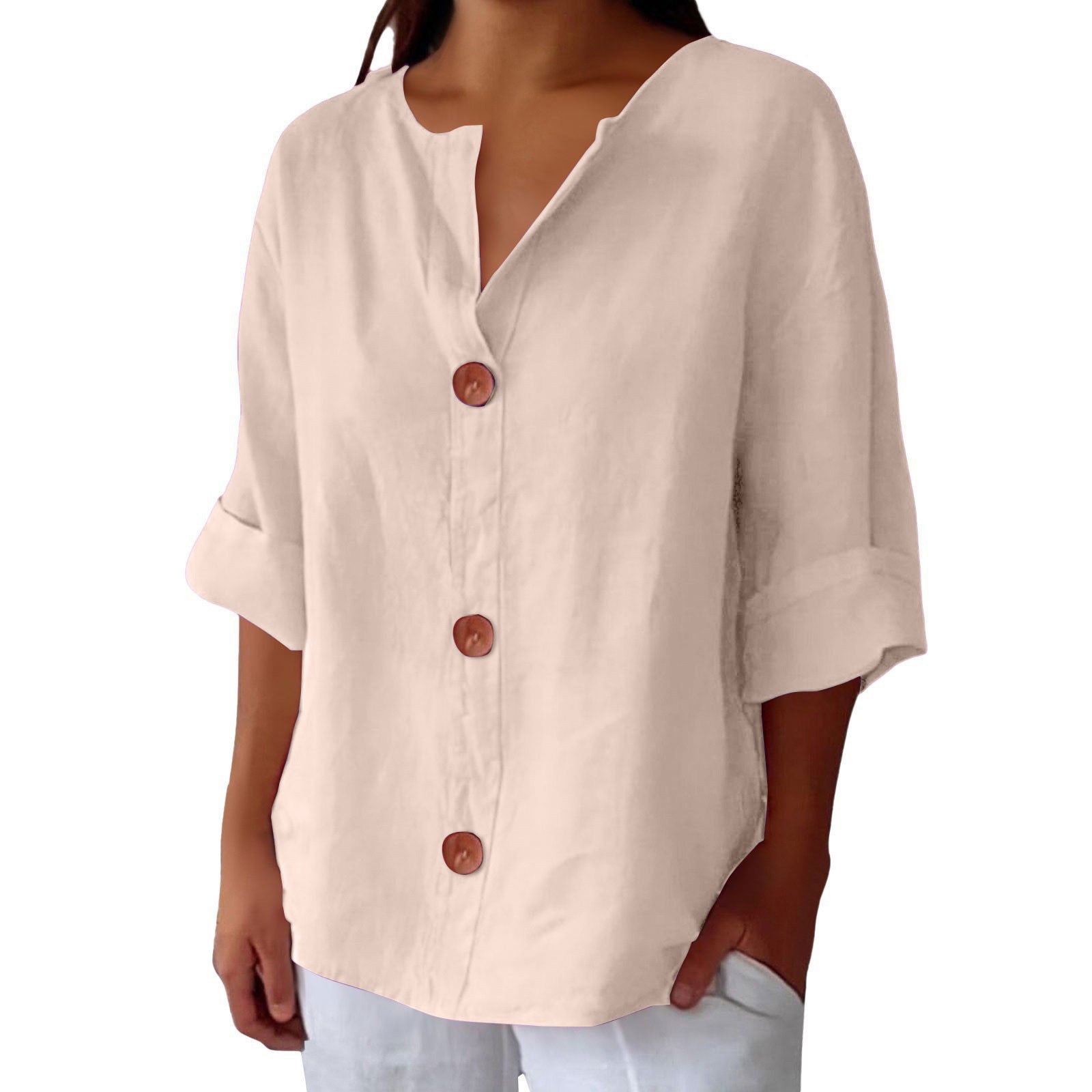 New loose-fitting V-neck cotton linen button-down top