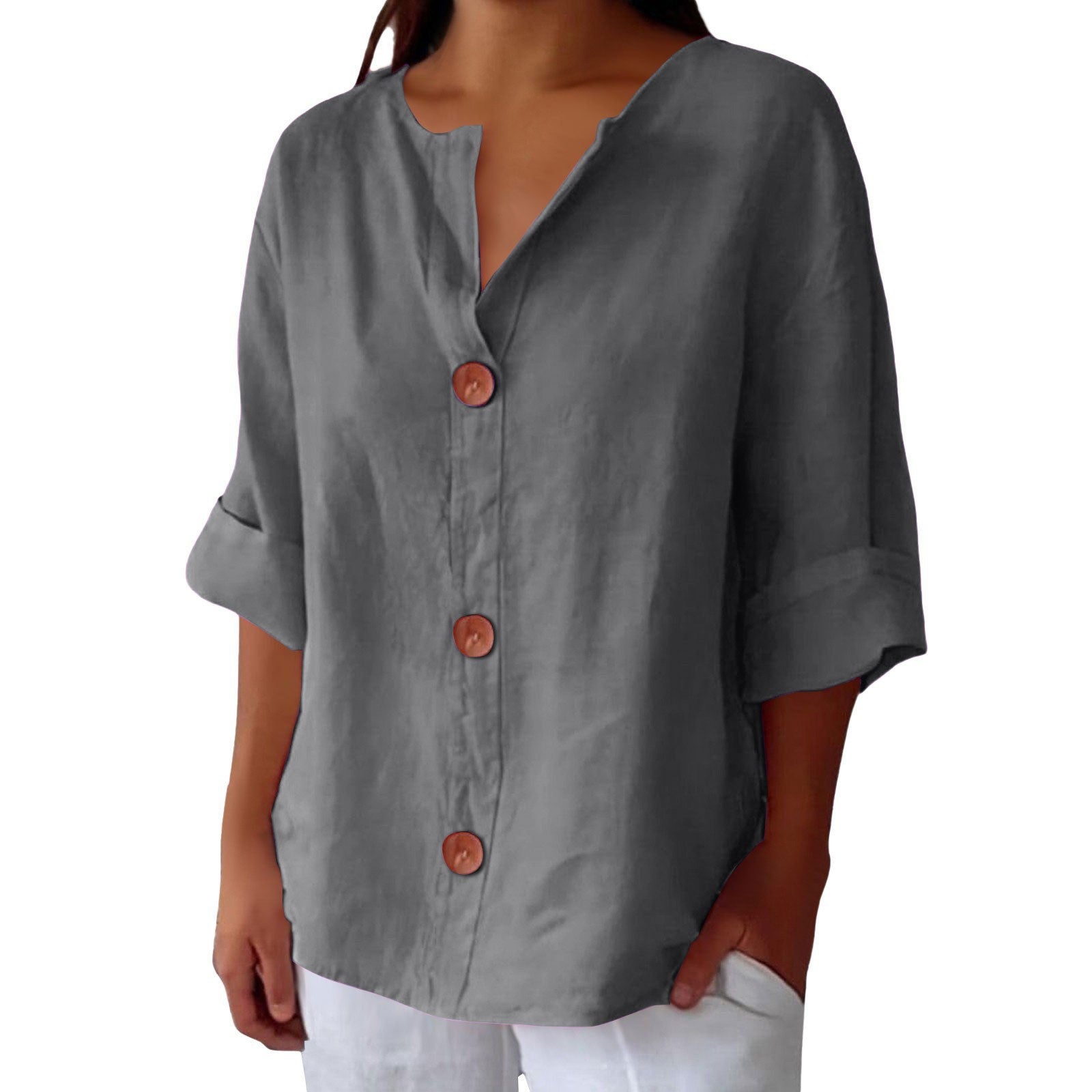 New loose-fitting V-neck cotton linen button-down top