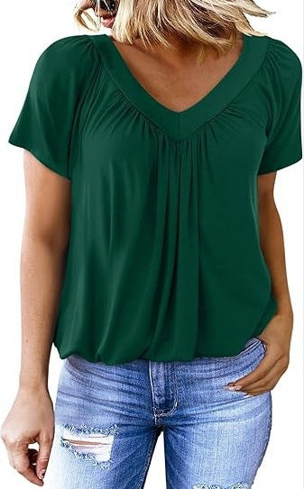 V-neck raglan sleeve pleated casual everyday lounge T-shirt