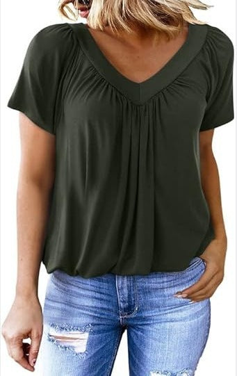 V-neck raglan sleeve pleated casual everyday lounge T-shirt