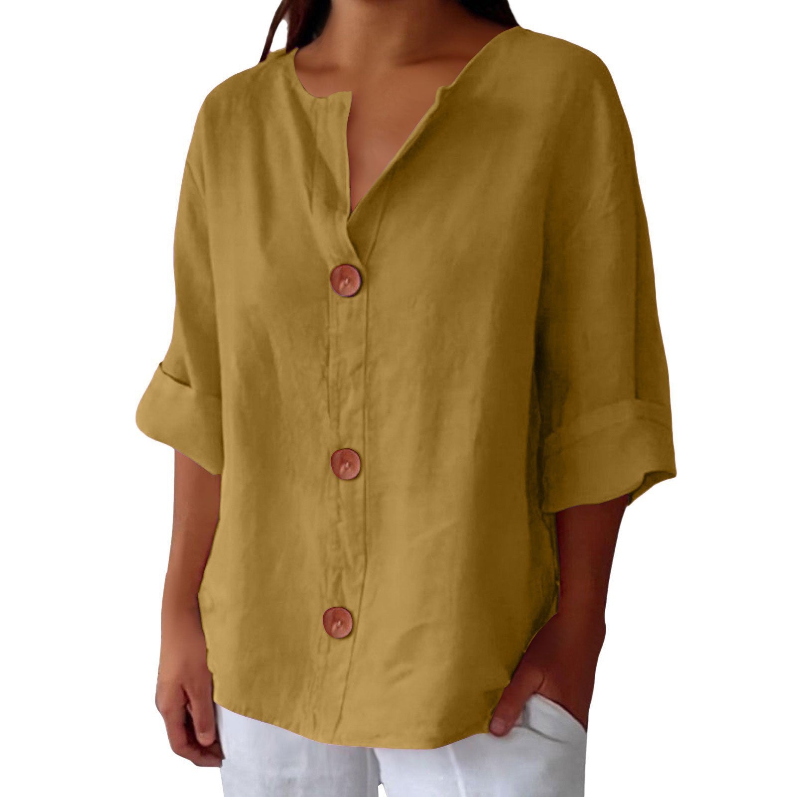 New loose-fitting V-neck cotton linen button-down top