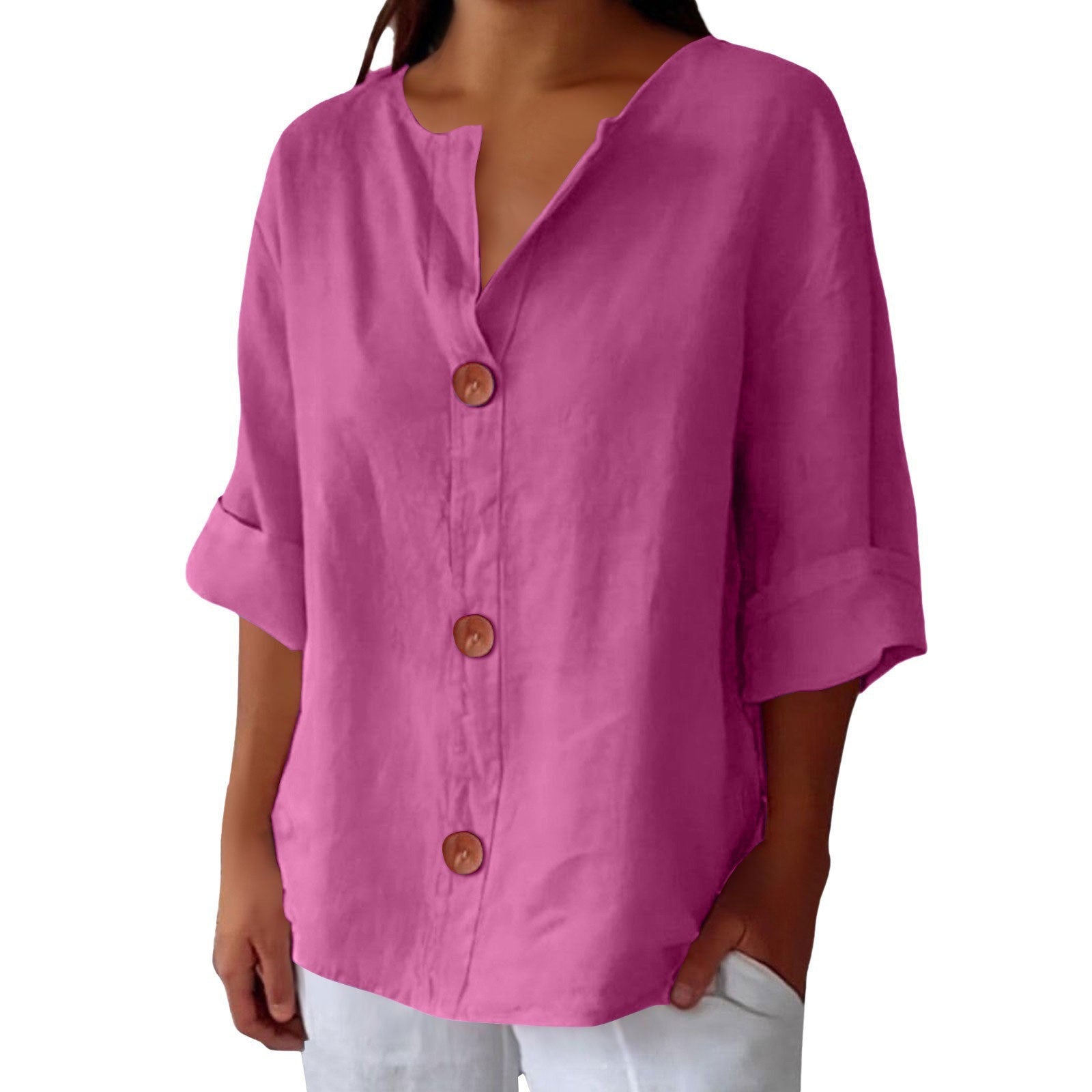 New loose-fitting V-neck cotton linen button-down top
