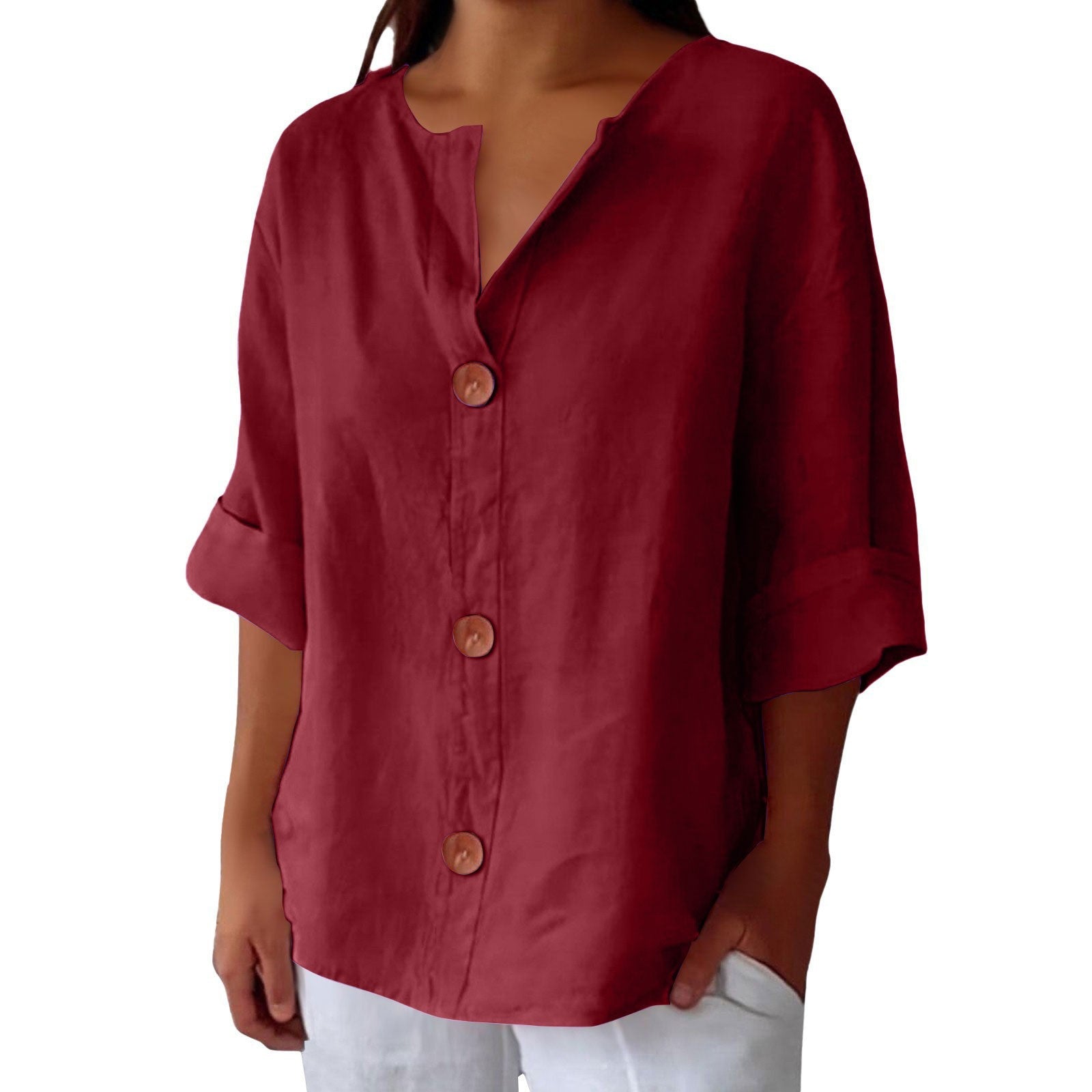 New loose-fitting V-neck cotton linen button-down top