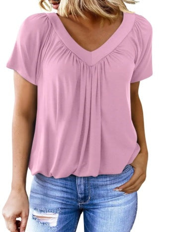 V-neck raglan sleeve pleated casual everyday lounge T-shirt