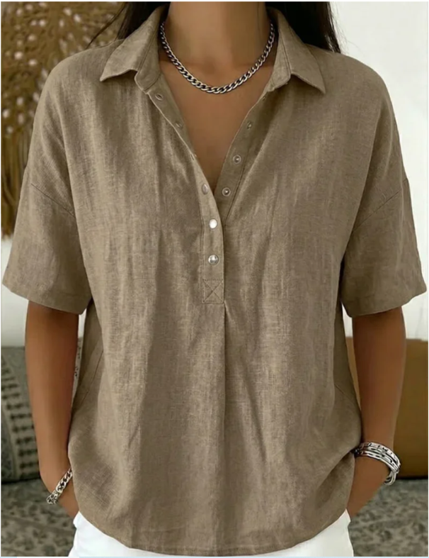 New summer women's loose-fitting, comfortable collared short-sleeved solid color shirt