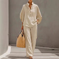 Linen V-neck batwing sleeve top and wide-leg pants set