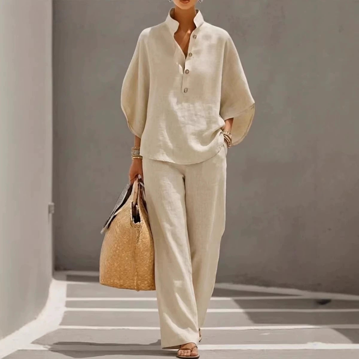 Linen V-neck batwing sleeve top and wide-leg pants set
