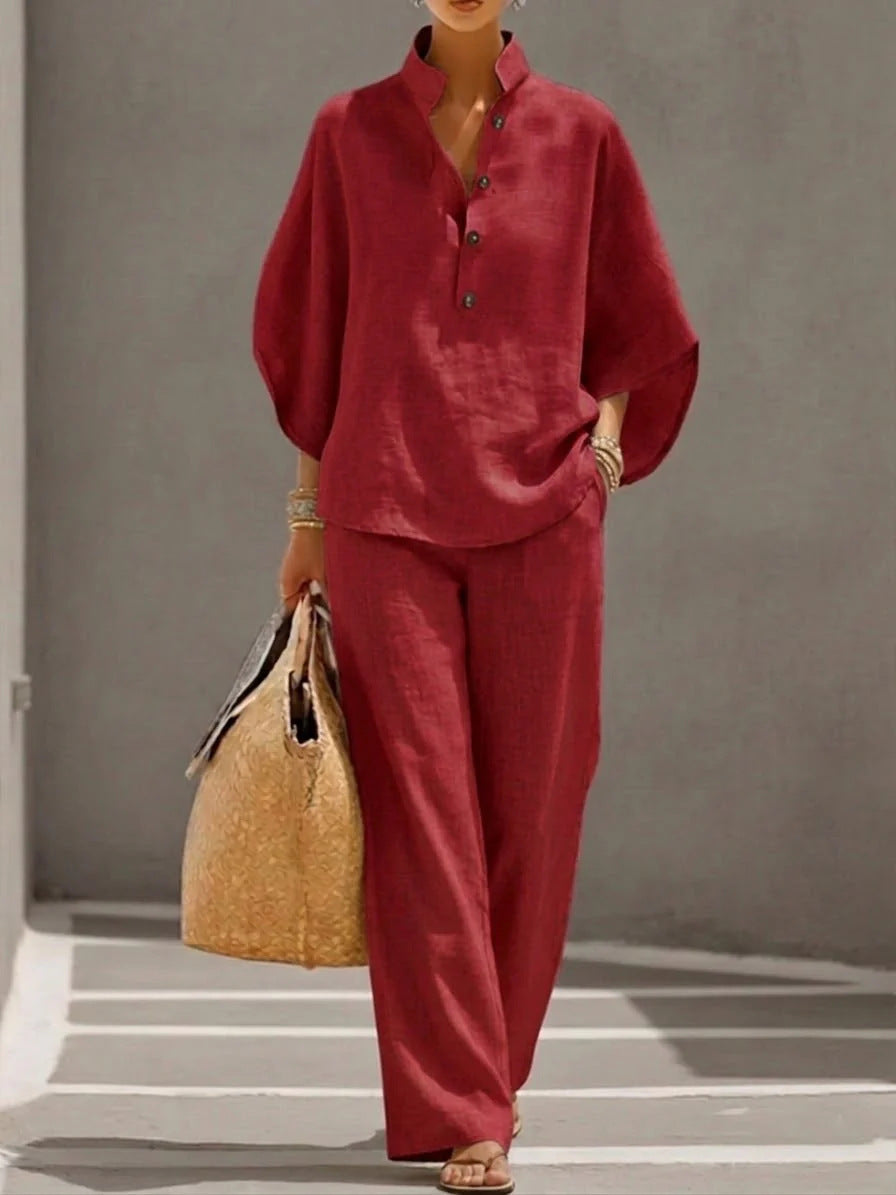 Linen V-neck batwing sleeve top and wide-leg pants set