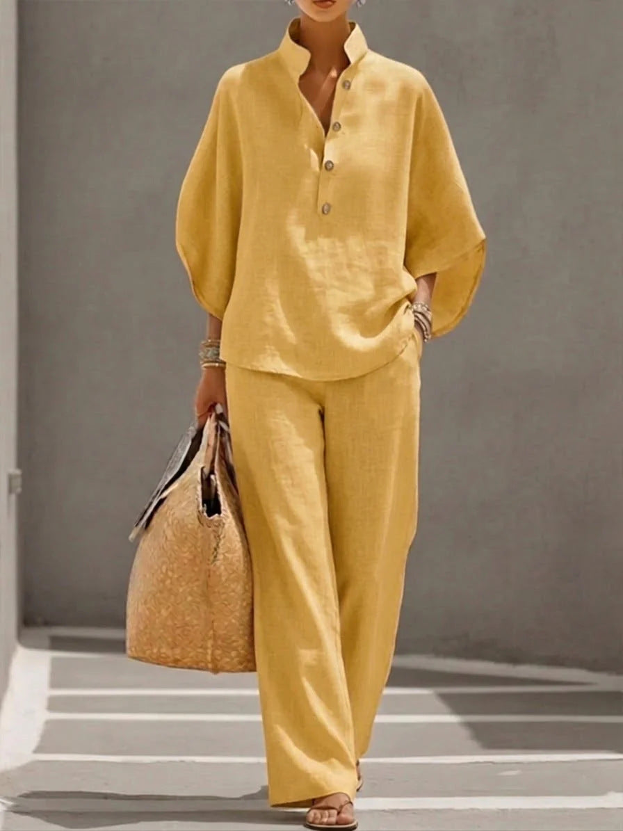 Linen V-neck batwing sleeve top and wide-leg pants set