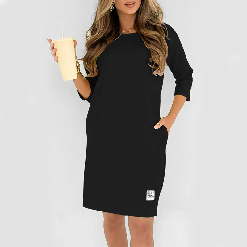 ✨🔥Round Neck, Three-Quarter Sleeve, Side Pocket Loose-Fitting T-Shirt Dress💕