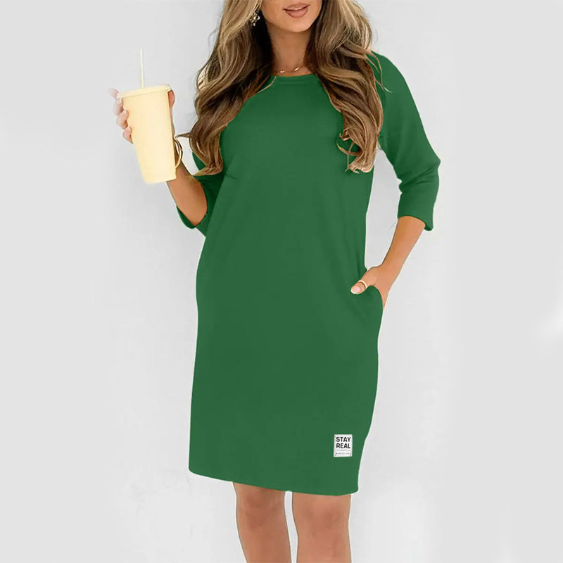 ✨🔥Round Neck, Three-Quarter Sleeve, Side Pocket Loose-Fitting T-Shirt Dress💕