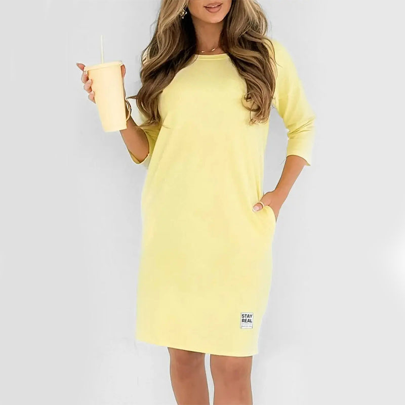 ✨🔥Round Neck, Three-Quarter Sleeve, Side Pocket Loose-Fitting T-Shirt Dress💕