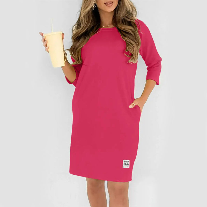 ✨🔥Round Neck, Three-Quarter Sleeve, Side Pocket Loose-Fitting T-Shirt Dress💕