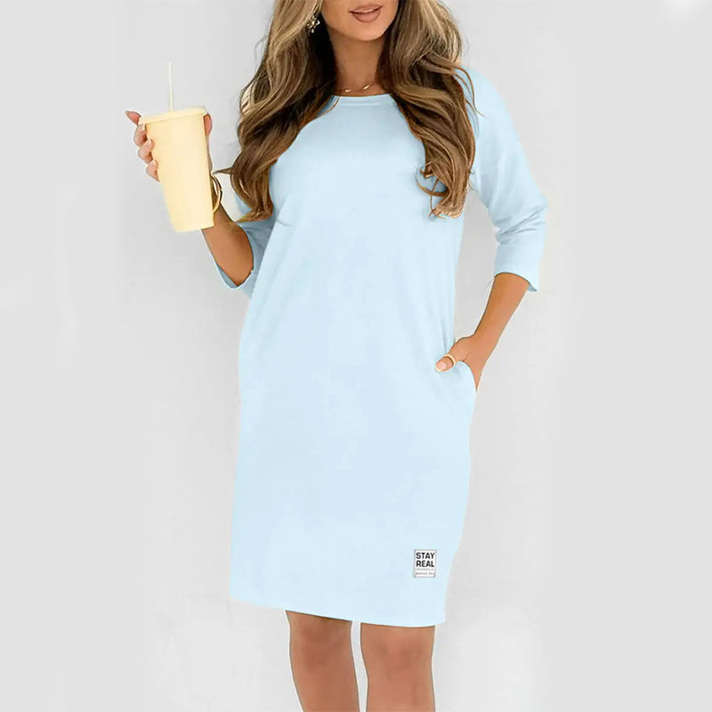 ✨🔥Round Neck, Three-Quarter Sleeve, Side Pocket Loose-Fitting T-Shirt Dress💕