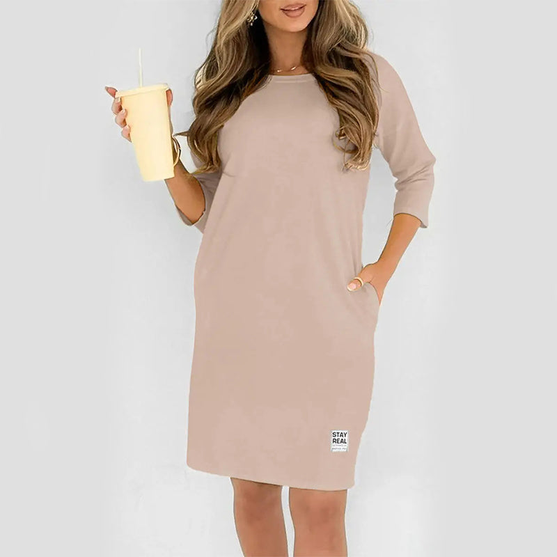 ✨🔥Round Neck, Three-Quarter Sleeve, Side Pocket Loose-Fitting T-Shirt Dress💕