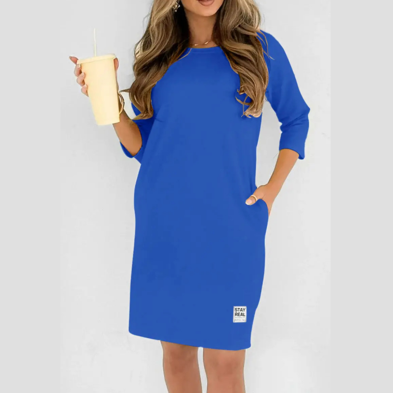 ✨🔥Round Neck, Three-Quarter Sleeve, Side Pocket Loose-Fitting T-Shirt Dress💕